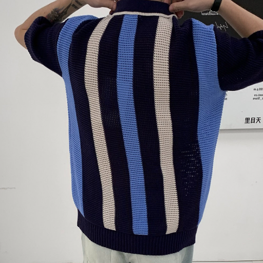 Hollow-out Vertical Stripes Color Matching Knitted Polo Shirt