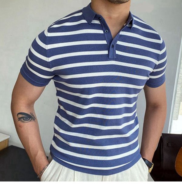 Blue Striped Business Polo Shirt For Men