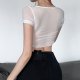 Wooden Ear Edge Perspective Slim Lace-up Gauze Short Sleeve sizehirt Female