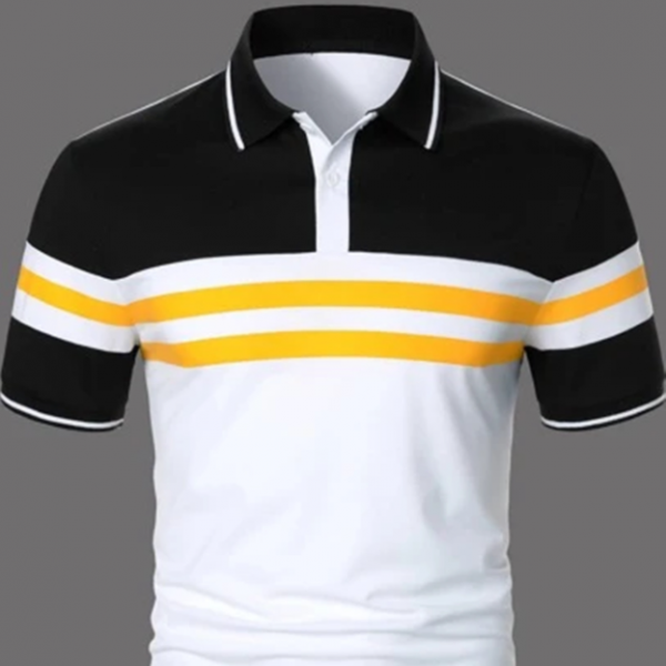 Striped Printed Short Sleeve Button Polo Shirt For Men